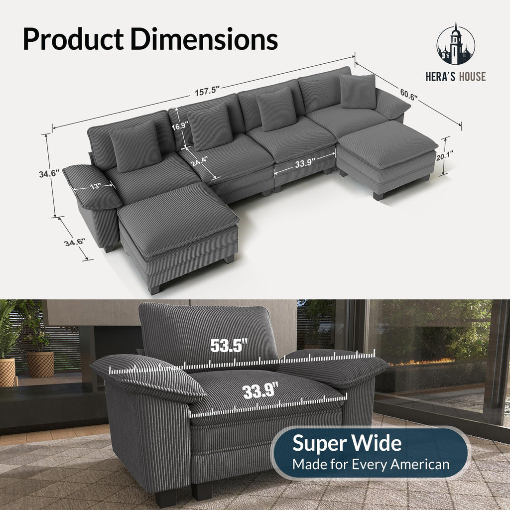 158" Modular Sectional Sofa, Oversized U Shaped Couches for Living Room, Comfy Cloud Couch with Ottoman, 6-Seater Deep Seat Sofa with Throw Pillow, Corduroy Grey