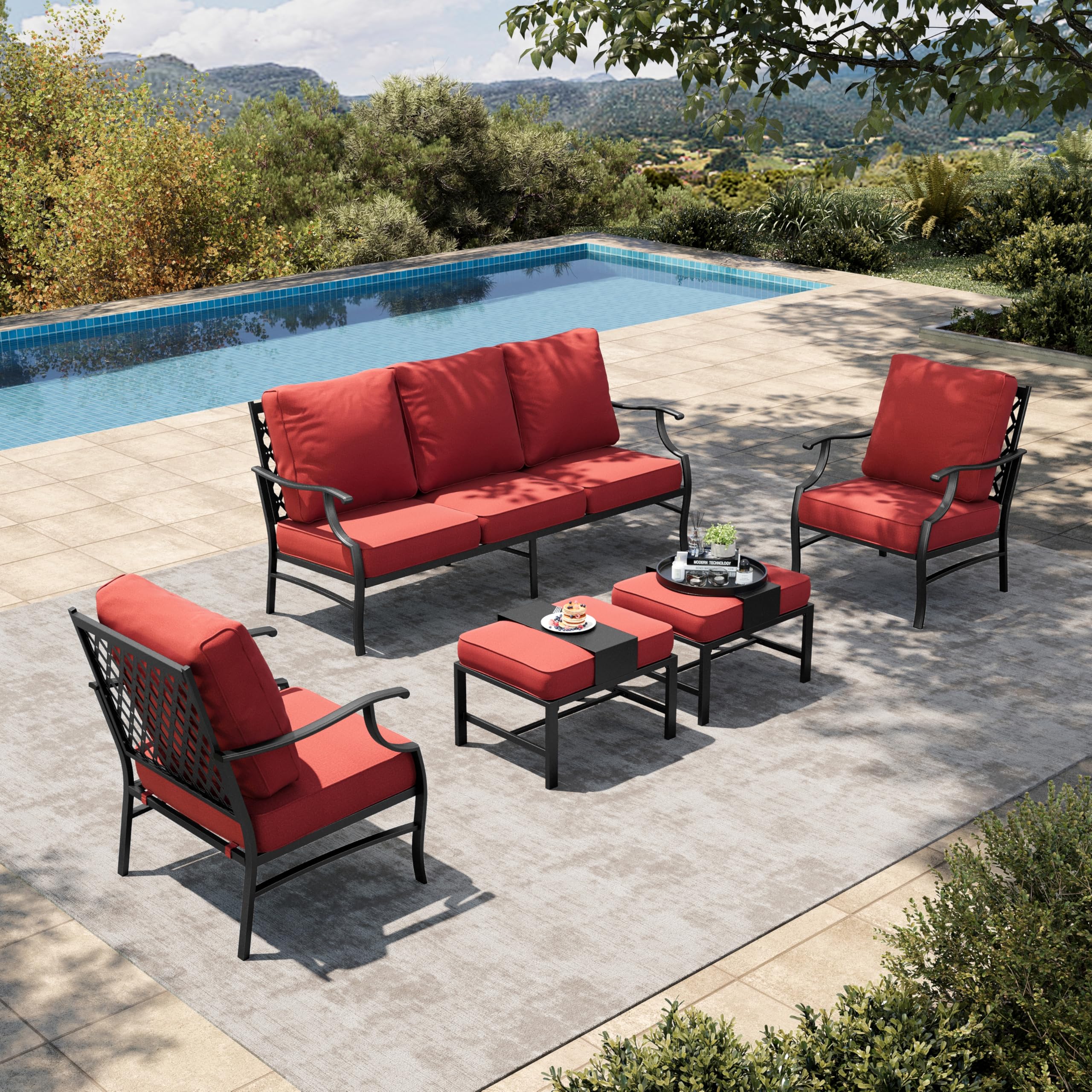 5 Piece Patio Furniture Set, 2 x Leg Chair, 2 x Ottoman, 1 x 3-Seat Sofa, All Cushioned 7 Seats Metal Outdoor Conversation Set for Lawn Garden Backyard