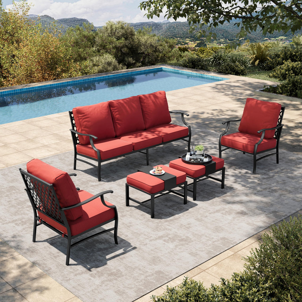 5 Piece Patio Furniture Set, 2 x Leg Chair, 2 x Ottoman, 1 x 3-Seat Sofa, All Cushioned 7 Seats Metal Outdoor Conversation Set for Lawn Garden Backyard