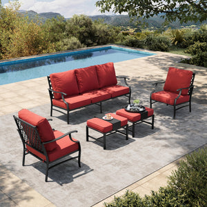 5 Piece Patio Furniture Set, 2 x Leg Chair, 2 x Ottoman, 1 x 3-Seat Sofa, All Cushioned 7 Seats Metal Outdoor Conversation Set for Lawn Garden Backyard