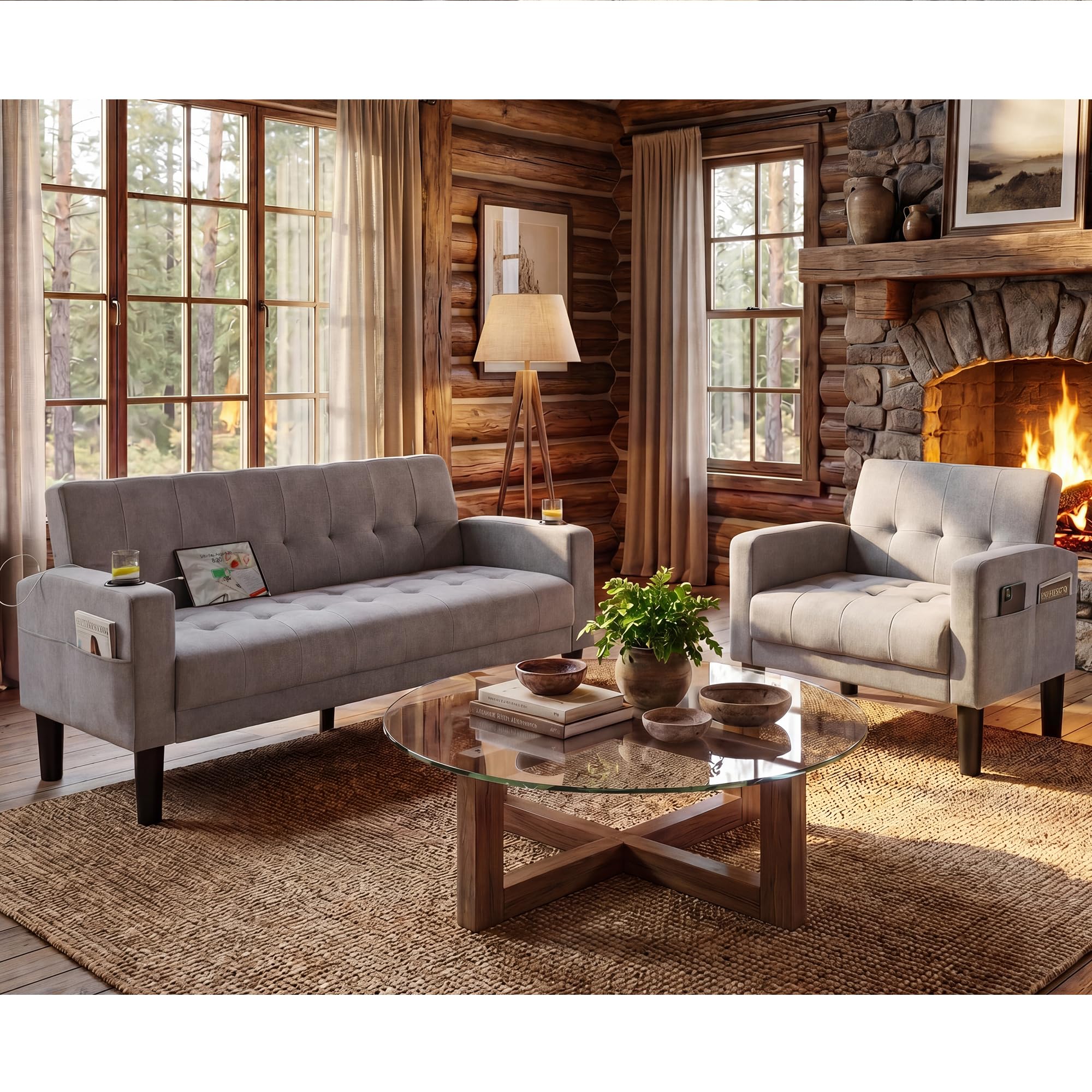 Sofa Couch, Living Room Furniture Sectional Sofa Sets 2 Pic, Tufted Mid-Century Loveseat w/USB, Cupholders & Comfy Single Sofa for Small Space, Apartment, Office (Light Grey)