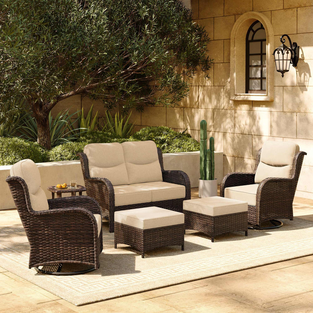 Luxury Patio Furniture Set with 6-inch Thick Cushion, Outdoor Loveseat and High Back Swivel Rocker Patio Chairs, 6PCS Wicker Conversation Set for Deck Yard and Poolside, Beige (V2)