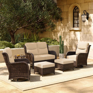 Luxury Patio Furniture Set with 6-inch Thick Cushion, Outdoor Loveseat and High Back Swivel Rocker Patio Chairs, 6PCS Wicker Conversation Set for Deck Yard and Poolside, Beige (V2)