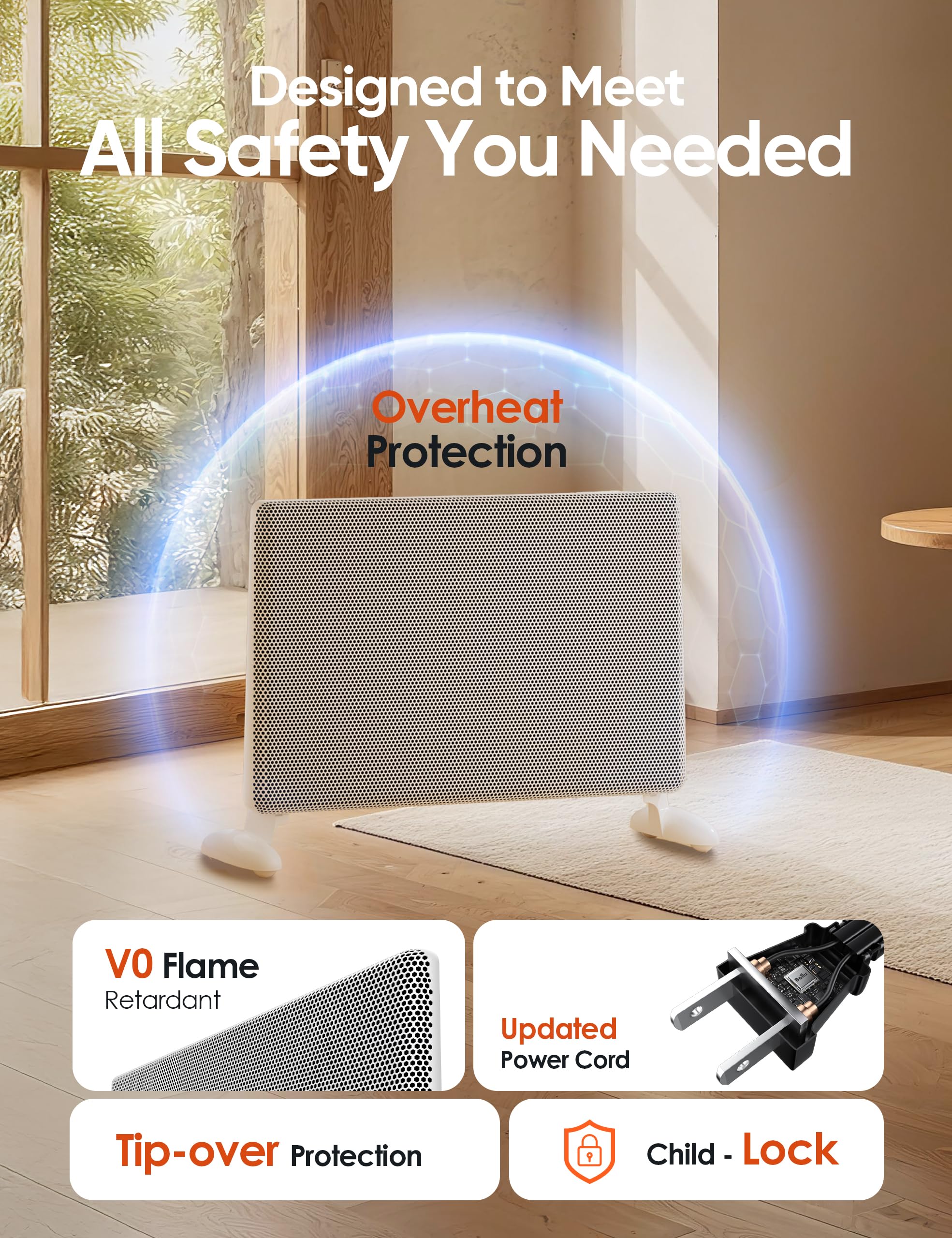 Infrared Space Heater Indoor Use, Large Room Panel Heater with Programmable Thermostat, WIFI App Control,Portable Stand or Wall Mount,Energy Efficient Smart Quiet Heater,Work with Alexa,White