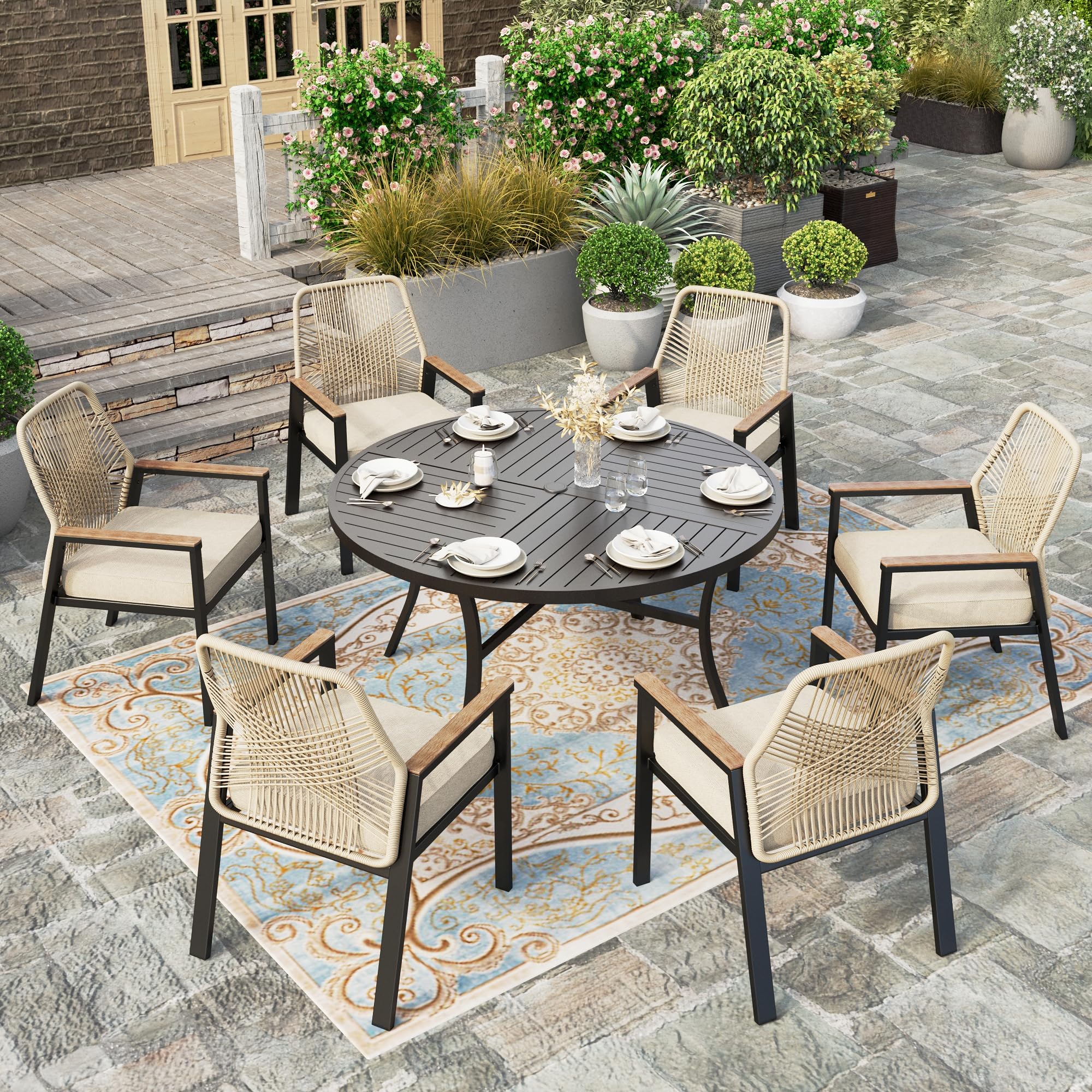 7 Pieces Patio Table and Chairs Set, Outdoor Dining Set for 7, 6 x Cushioned Woven Rattan Chairs and 54” Round Metal Table with Umbrella Hole for Lawn Deck Yard