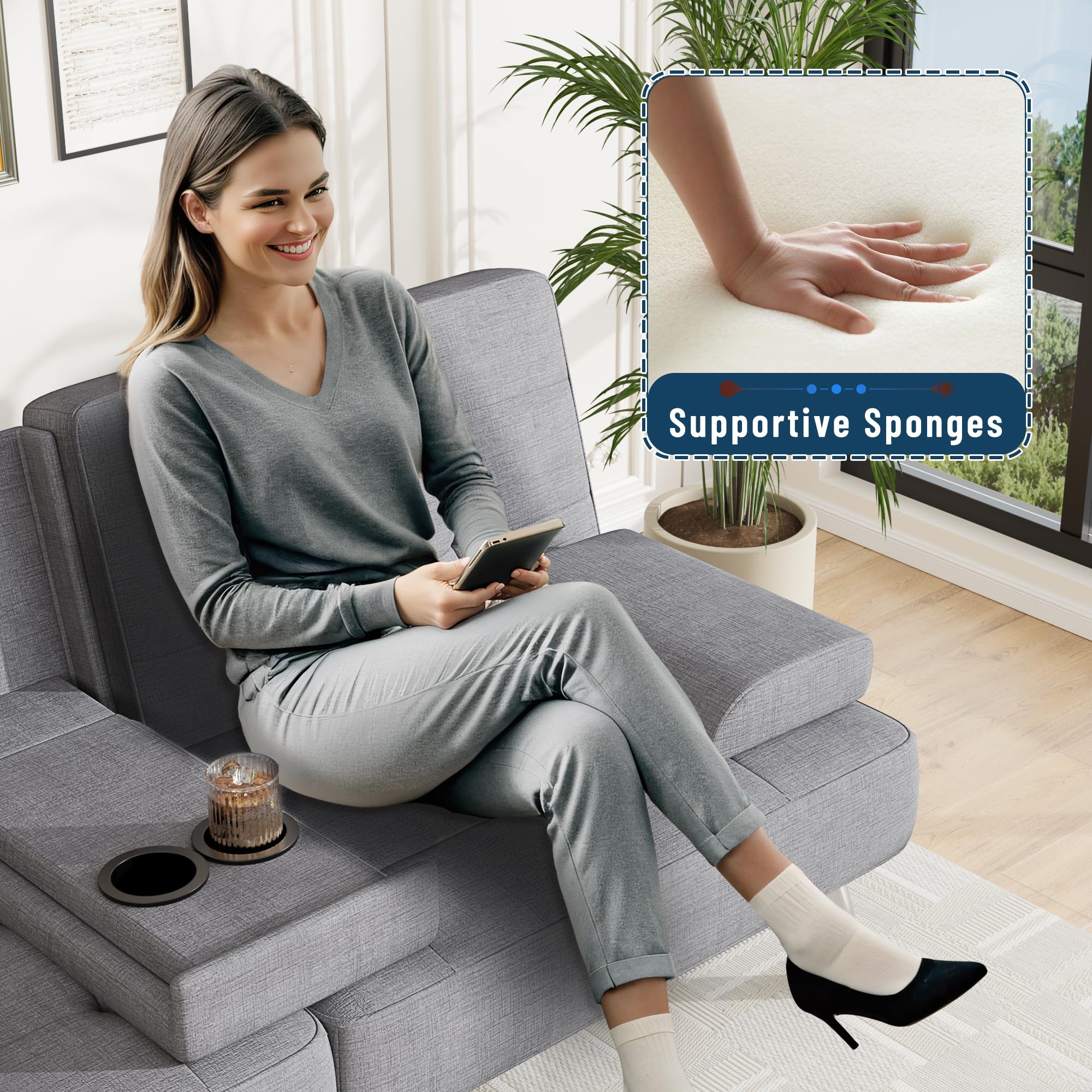 Sofa Bed Adjustable Futon Couch Sleeper Sofa Bed for Living Room, Business Office, Recliner Sofas with Cup Holders (Fabric, Light Gray)