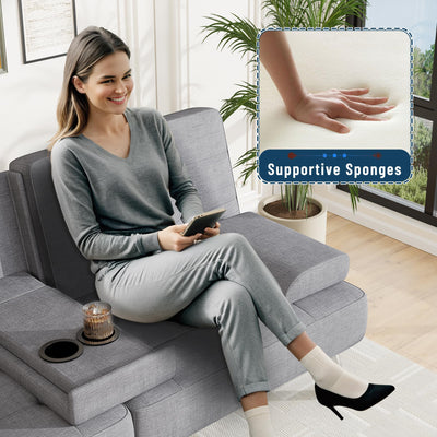 Sofa Bed Adjustable Futon Couch Sleeper Sofa Bed for Living Room, Business Office, Recliner Sofas with Cup Holders (Fabric, Light Gray)