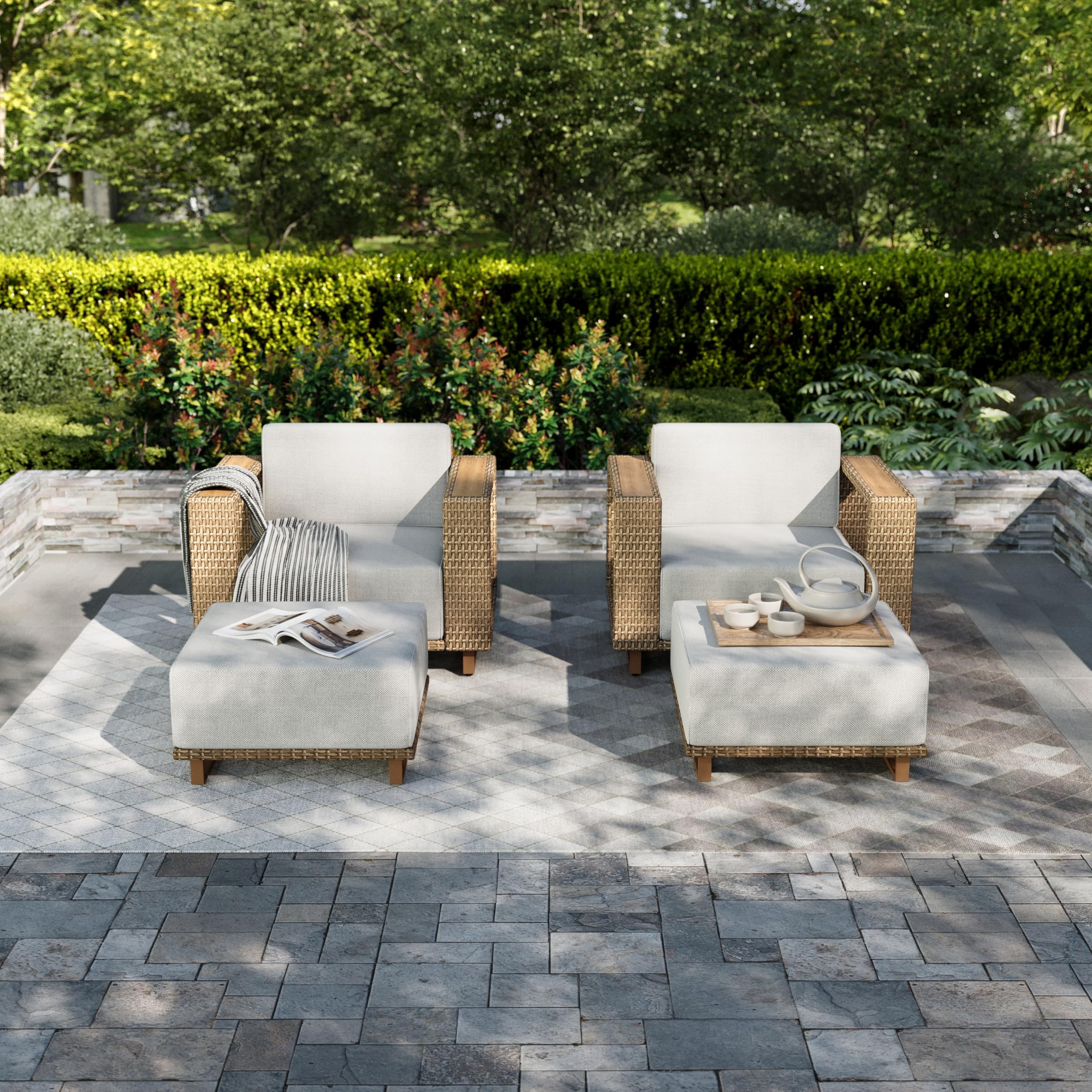 4 Pieces Patio Furniture Set, 2 Outdoor Rattan Wicker Armchairs Set with 2 Ottomans, All Weather Patio Conversation Set with 5.3