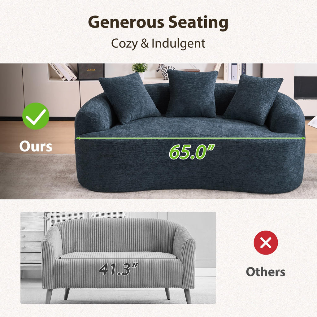 65'' Modern Small Loveseat Sofa, Chenille Upholstered Couch, Space-Saving Design, Plush Comfort Sofa with 3 Pillows, No Assembly Needed, for Small Spaces Living Room Apartment,Blue