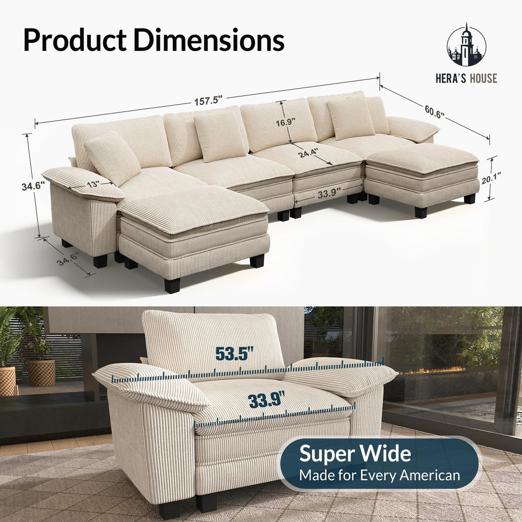 158" Modular Sectional Sofa, Oversized U Shaped Couches for Living Room, Comfy Cloud Couch with Ottoman, 6-Seater Deep Seat Sofa with Throw Pillow, Corduroy Beige