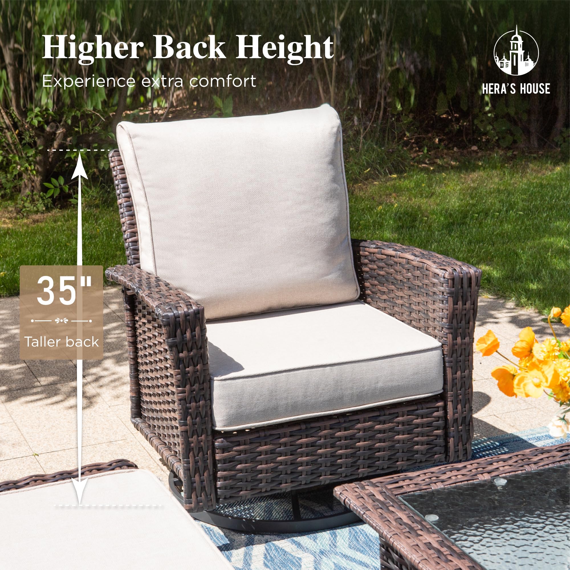 Outdoor Furniture, 2 x High Back Swivel Patio Chairs with 5.5" Cushions Wicker Rattan Deck Balcony Porch Furniture, Beige