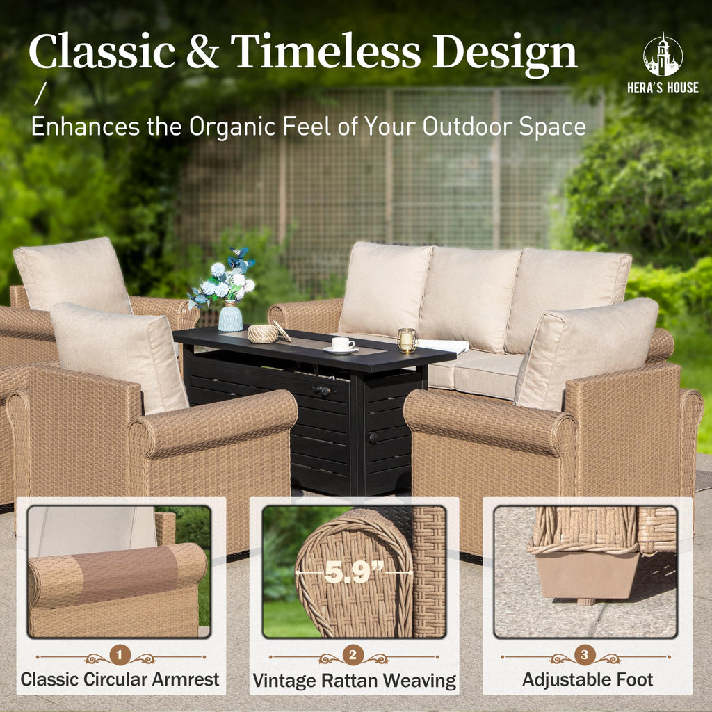 5 Pieces Patio Furniture Set, All Weather 7 Seats Outdoor Wicker Sofa with Ottoman, 5.5" Thick Waterproof Cushion Conversation Set for Garden Deck Backyard, Beige