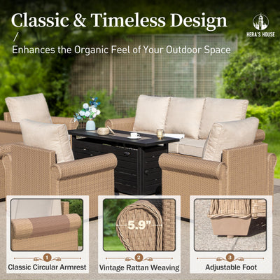 6-Piece Patio Furniture Set, All Weather 7 Seats Outdoor Wicker Sofa with 57