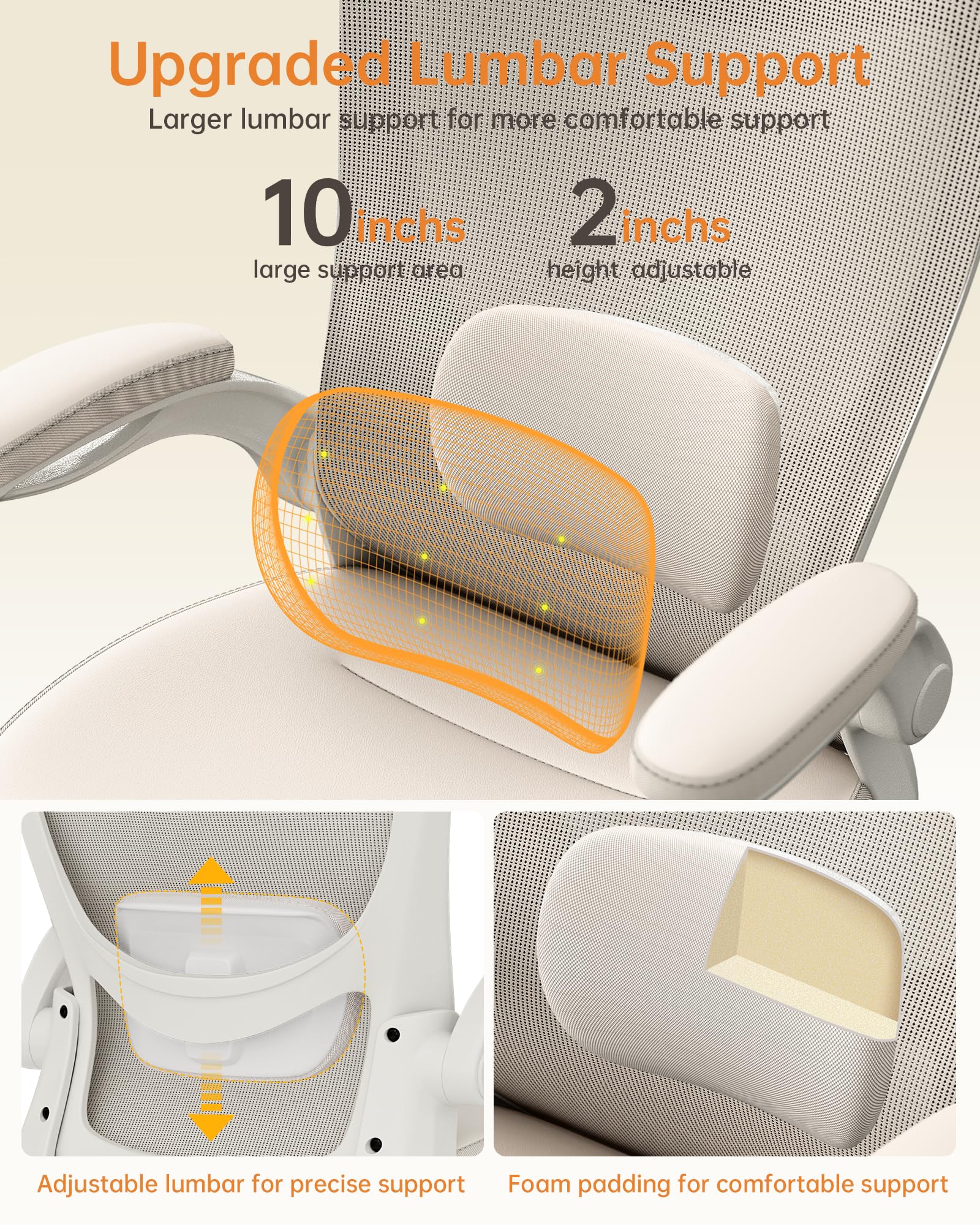 Office Chair, PU Leather Ergonomic Desk Chair with Adjustable Lumbar Support and Flip up Armrest, Breathable Mesh Computer Chair for Home Office, Khaki