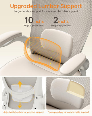 Office Chair, PU Leather Ergonomic Desk Chair with Adjustable Lumbar Support and Flip up Armrest, Breathable Mesh Computer Chair for Home Office, Khaki