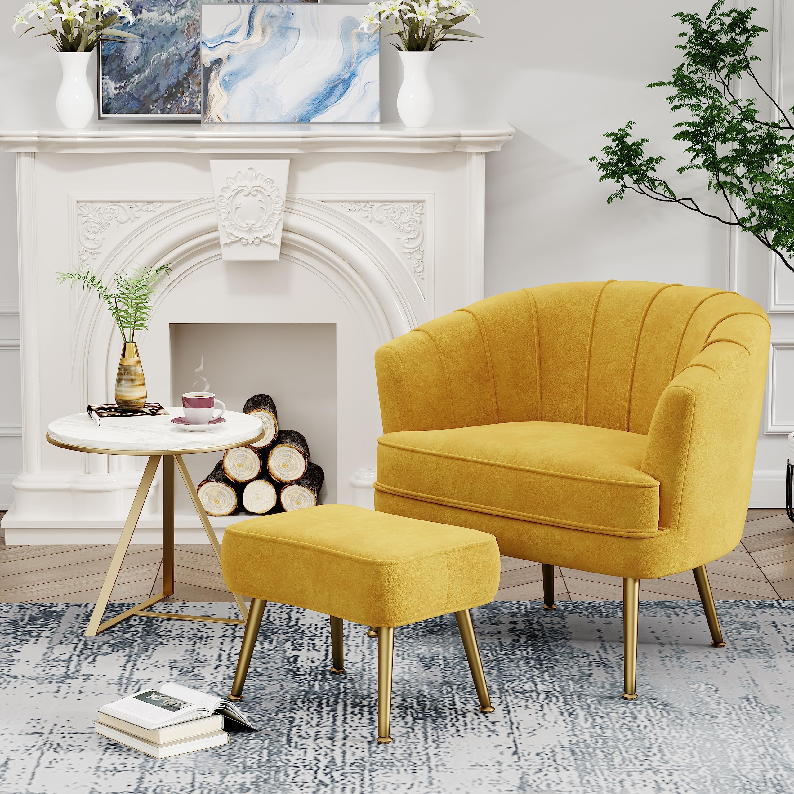 Velvet Accent Chair with Ottoman, Upholstered Modern Single Sofa Side Chair,Comfy Barrel Club Living Room Armchair with Golden Metal Legs for Bedroom Living Reading Room Office, Yellow