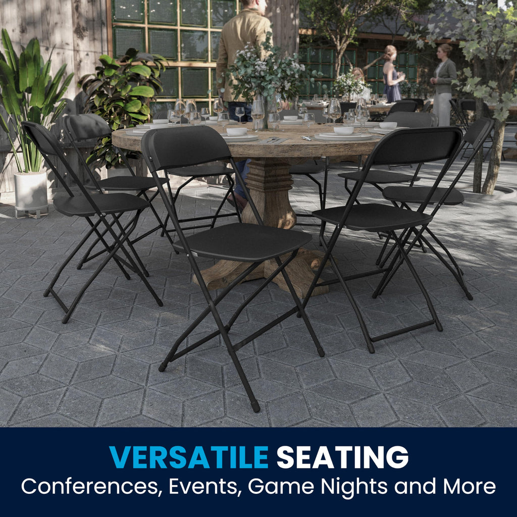 Hercules Set of 10 Indoor/Outdoor Heavy-Duty Plastic Folding Chairs, Foldable Commercial Stacking Chairs with 650-lb. Static Weight Capacity, Black