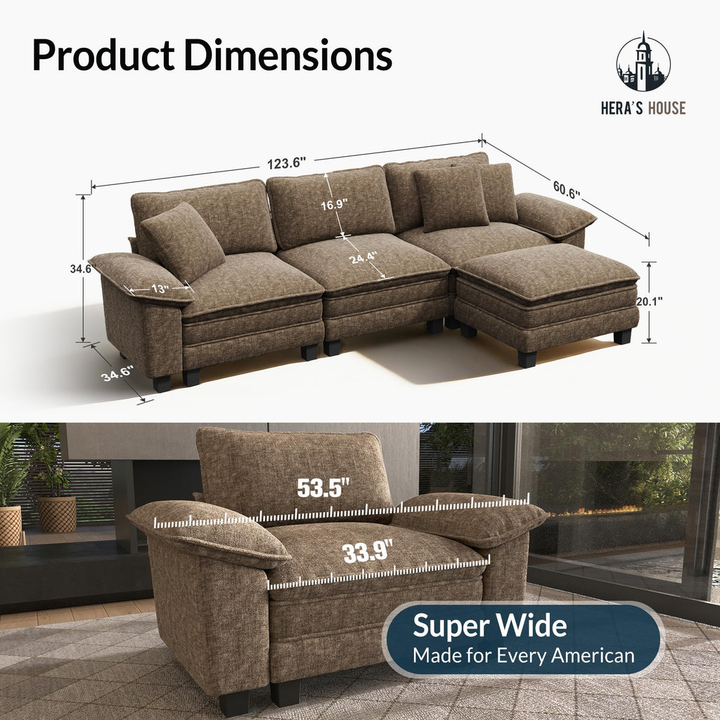 124" Modular Sectional Sofa, Oversized L Shaped Couches for Living Room, Comfy Cloud Couch with Ottoman, 4-Seater Deep Seat Sofa with Throw Pillow, Chenille Taupe