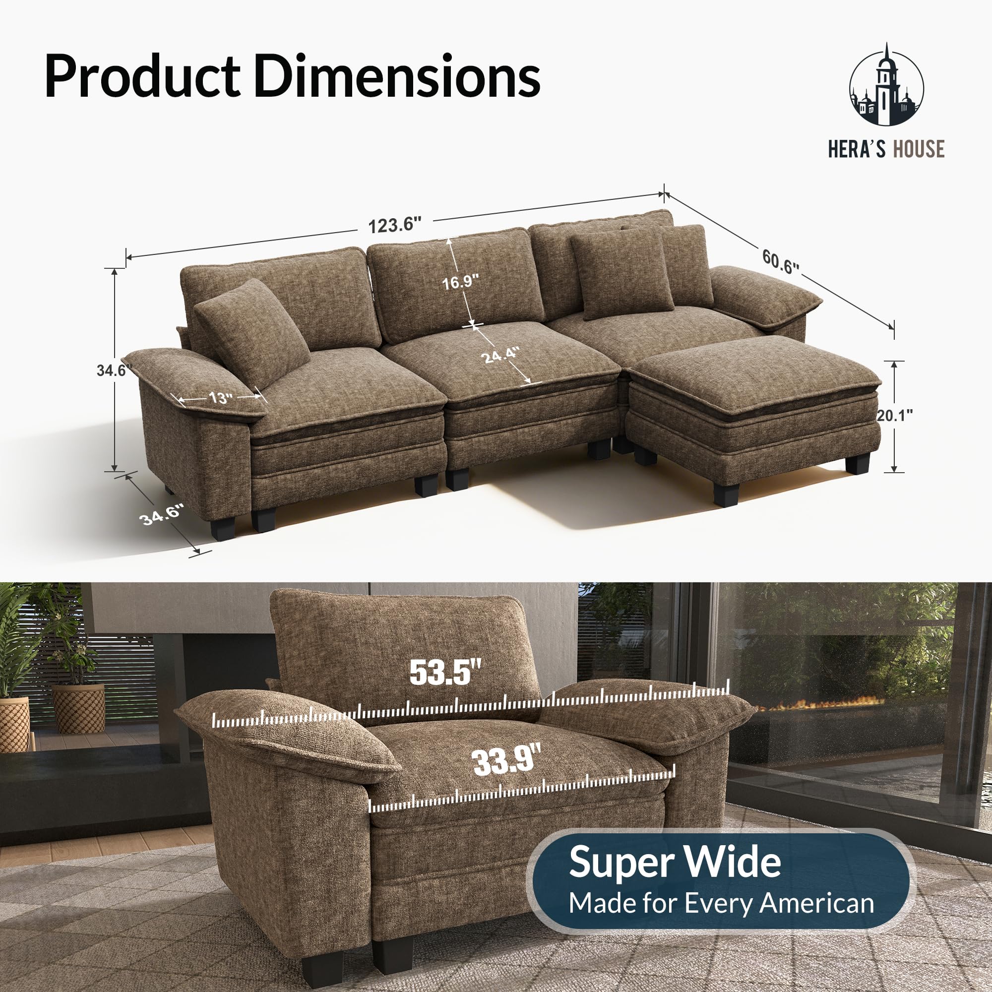 124" Modular Sectional Sofa, Oversized L Shaped Couches for Living Room, Comfy Cloud Couch with Ottoman, 4-Seater Deep Seat Sofa with Throw Pillow, Chenille Taupe