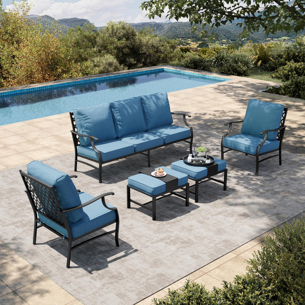 5 Piece Patio Furniture Set, 2 x Leg Chair, 2 x Ottoman, 1 x 3-Seat Sofa, All Cushioned 7 Seats Metal Outdoor Conversation Set for Lawn Garden Backyard