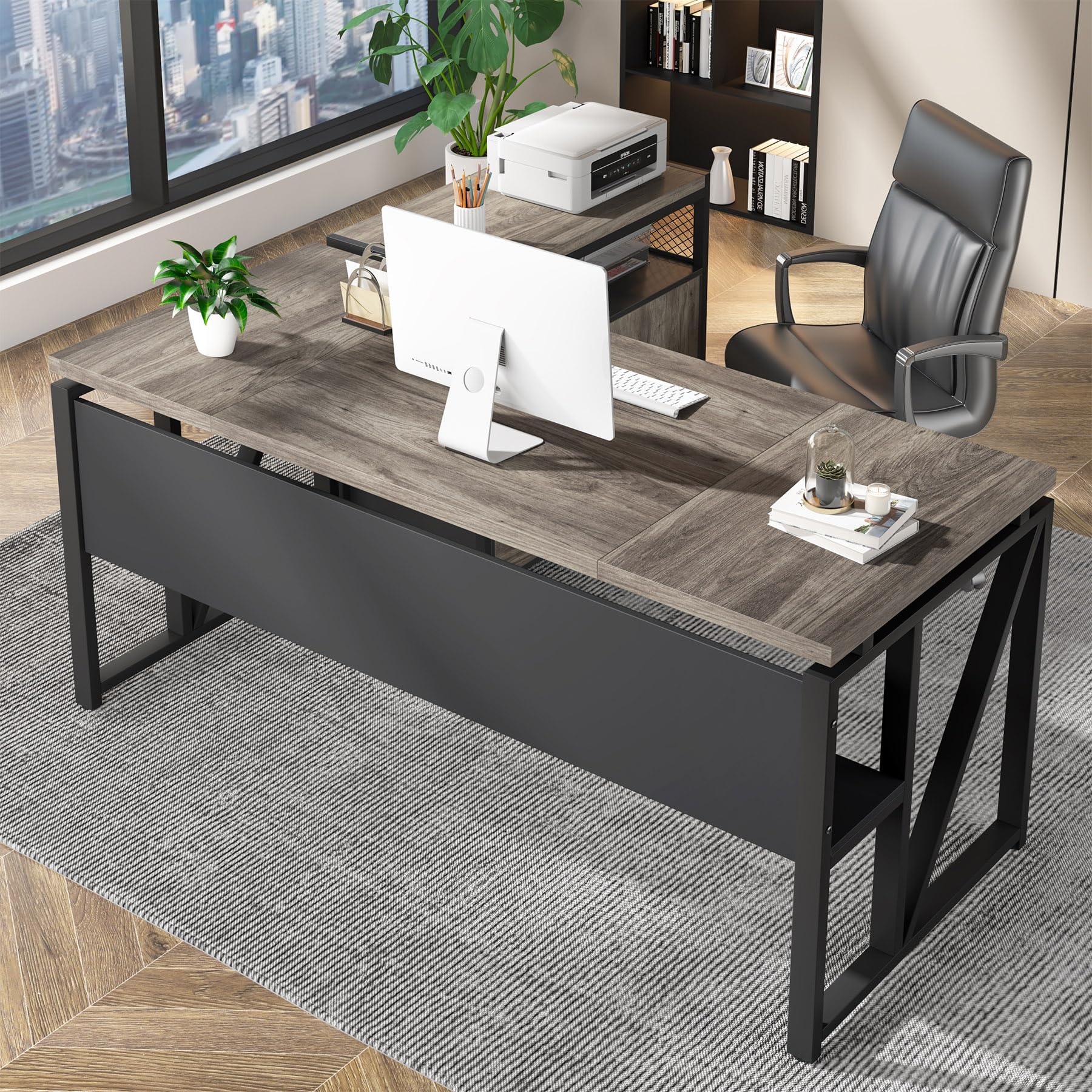 63" Executive Desk with Reversible File Cabinet, Large L-Shaped Office Desk with Drawers, Business Furniture Workstation for Home Office (Dark Oak, 63-inch)