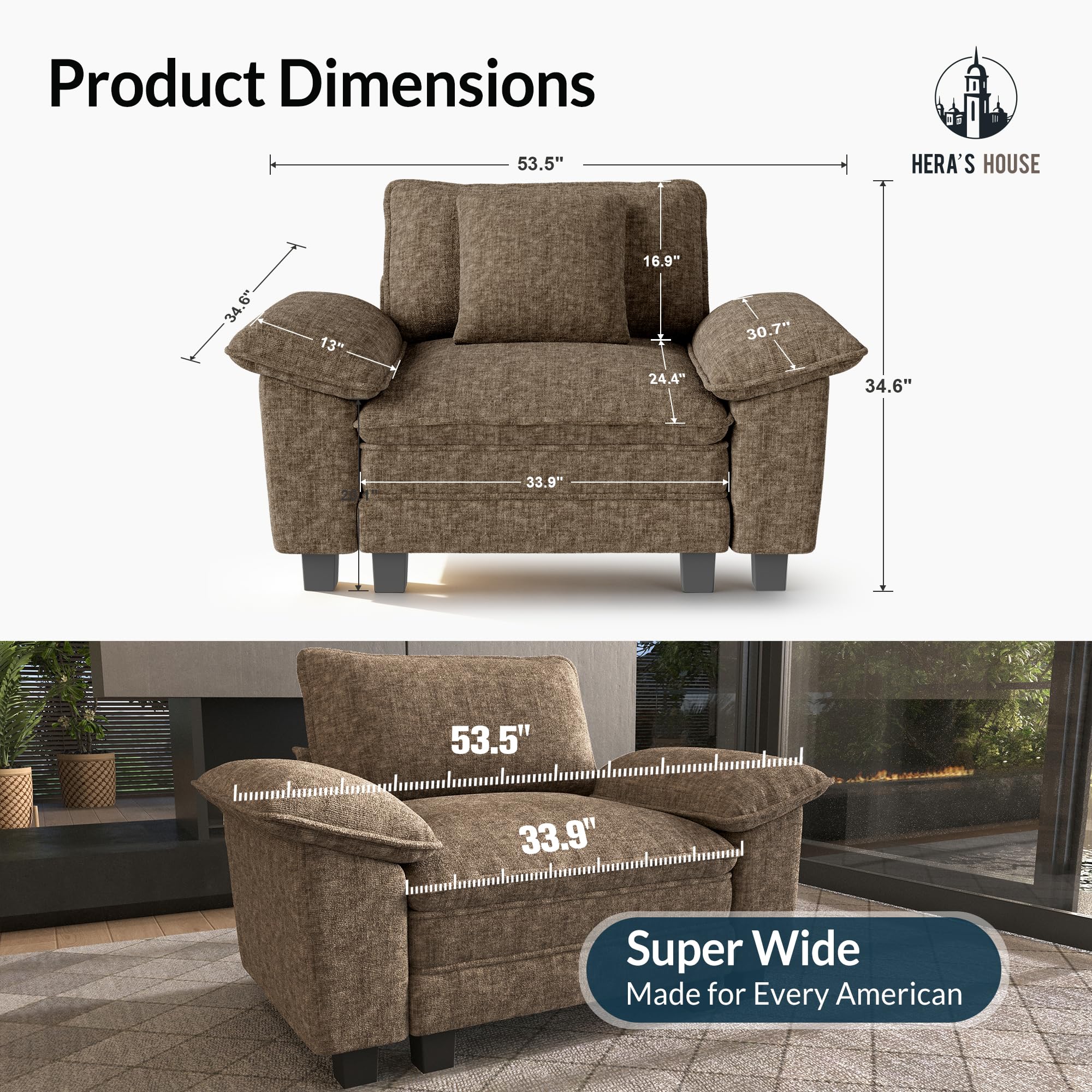 54" Modular Sectional Sofa Couches for Living Room, Comfy Cloud Couch 1-Seater Deep Seat Sofa with Throw Pillow, Chenille Taupe