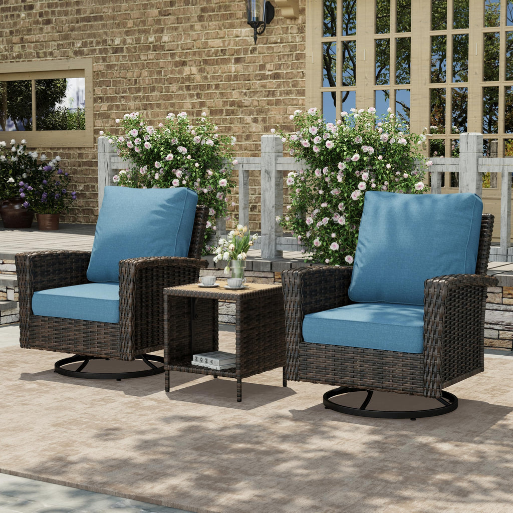 3-Piece Outdoor Patio Furniture, High Back Swivel Chairs Set of 2 with Rattan Table, Brown Wicker Conversation Bistro Set with 5.5” Thick Cushion for Deck Porch Balcony Garden Lawn, Blue
