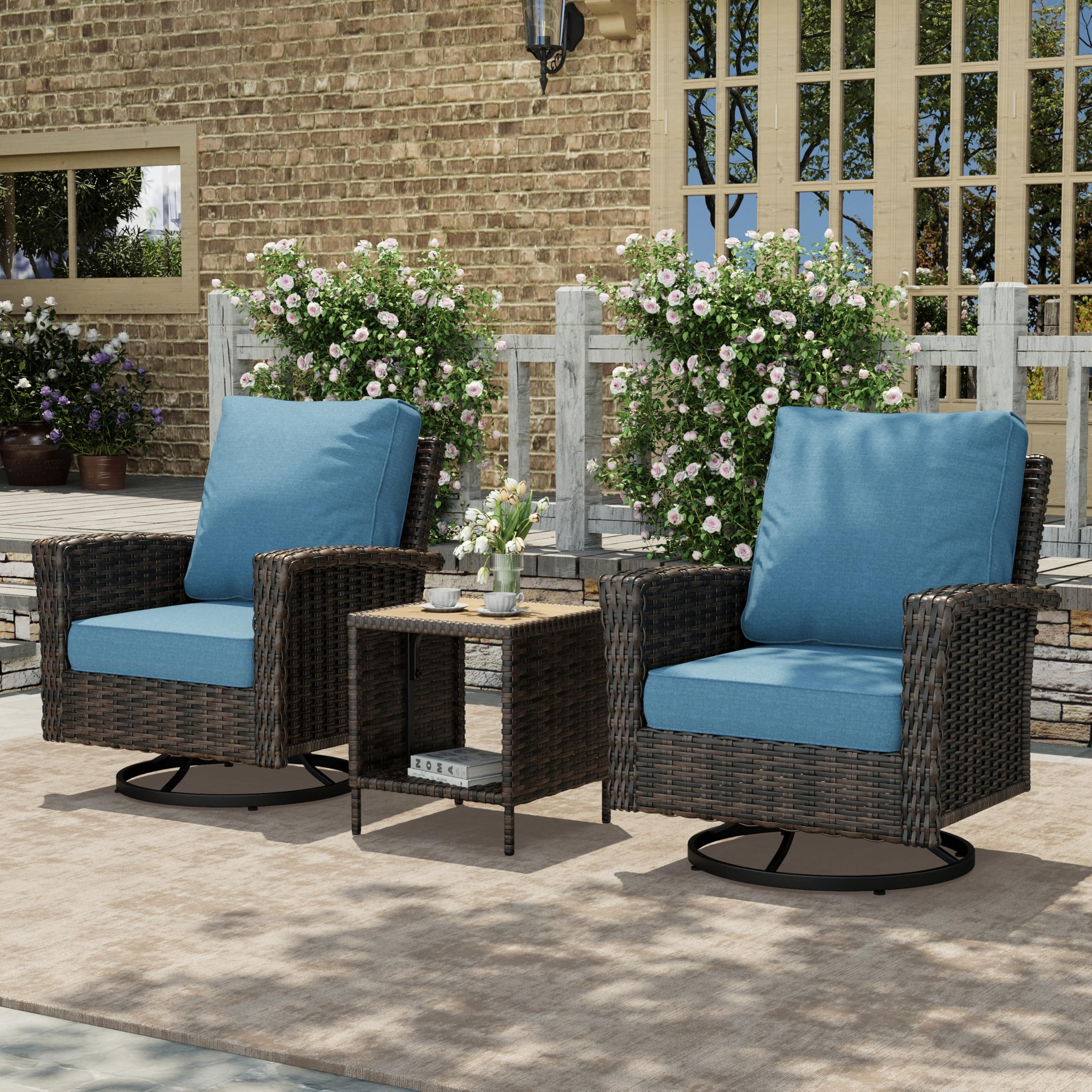 3-Piece Outdoor Patio Furniture, High Back Swivel Chairs Set of 2 with Rattan Table, Brown Wicker Conversation Bistro Set with 5.5” Thick Cushion for Deck Porch Balcony Garden Lawn, Blue