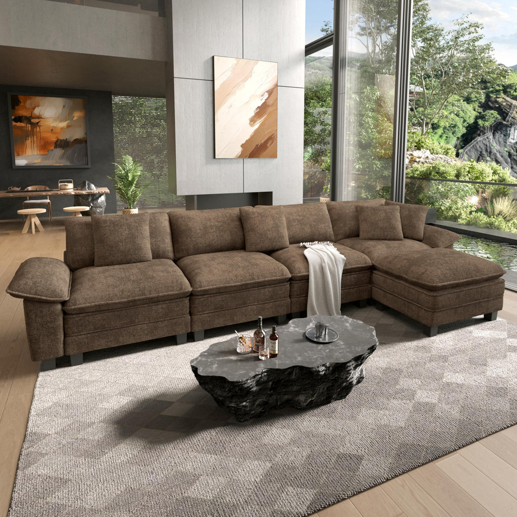 158" Modular Sectional Sofa, Oversized L Shaped Couches for Living Room, Comfy Cloud Couch with Ottoman, 5-Seater Deep Seat Sofa with Throw Pillow, Chenille Taupe