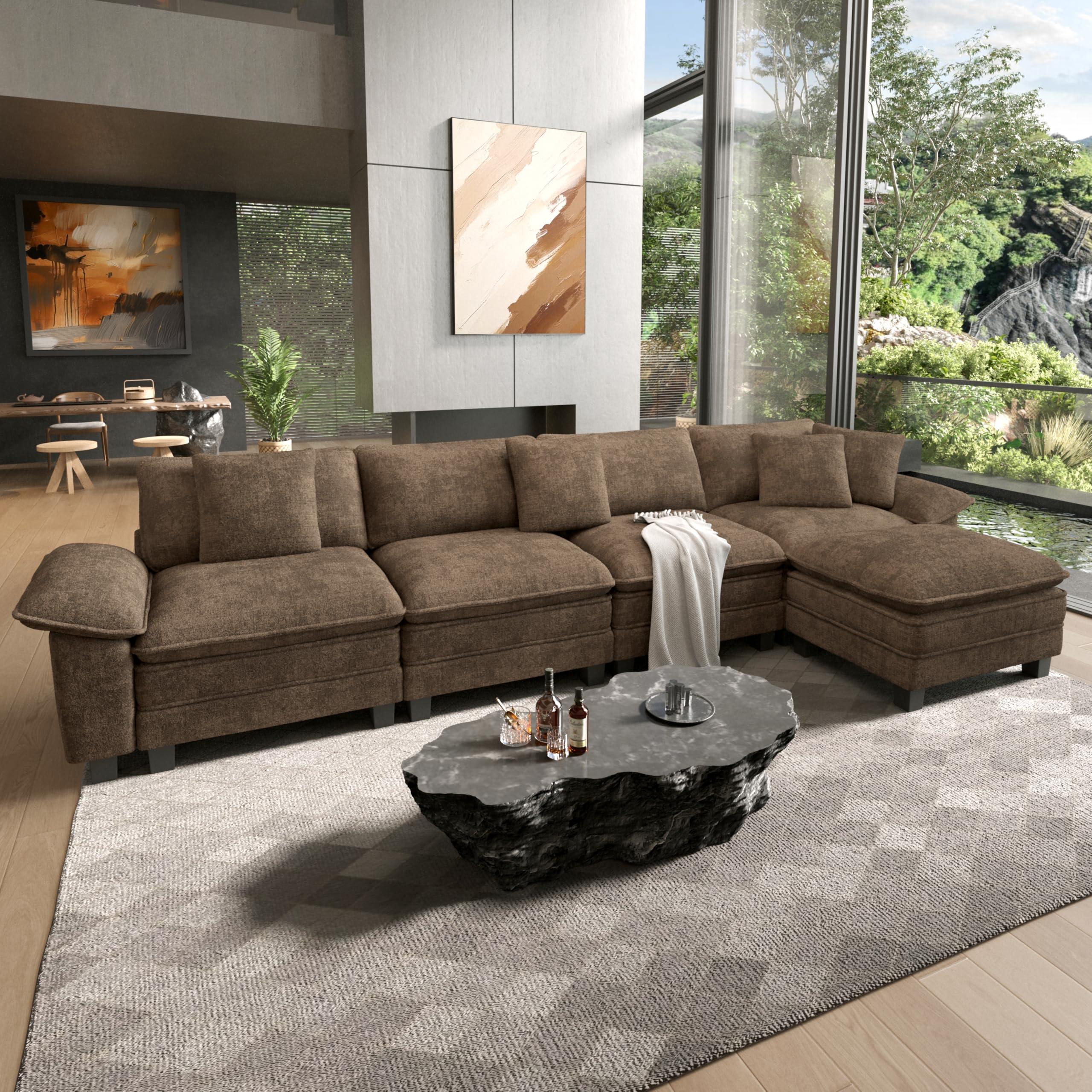 158" Modular Sectional Sofa, Oversized L Shaped Couches for Living Room, Comfy Cloud Couch with Ottoman, 5-Seater Deep Seat Sofa with Throw Pillow, Chenille Taupe