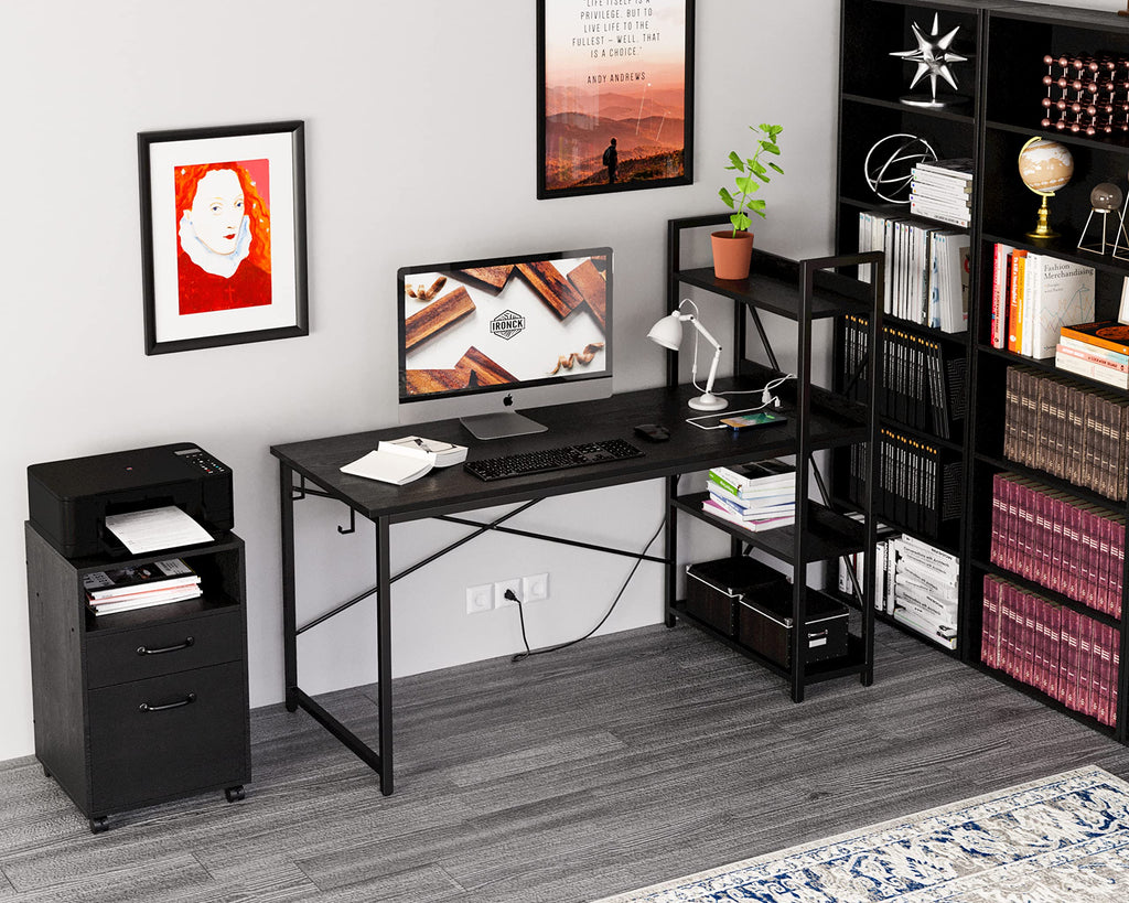 Computer Desk 47" with Power Outlet and Storage Shelves, Study Writing Table with USB Ports Charging Station, PC Desk Workstation for Home Office, Black