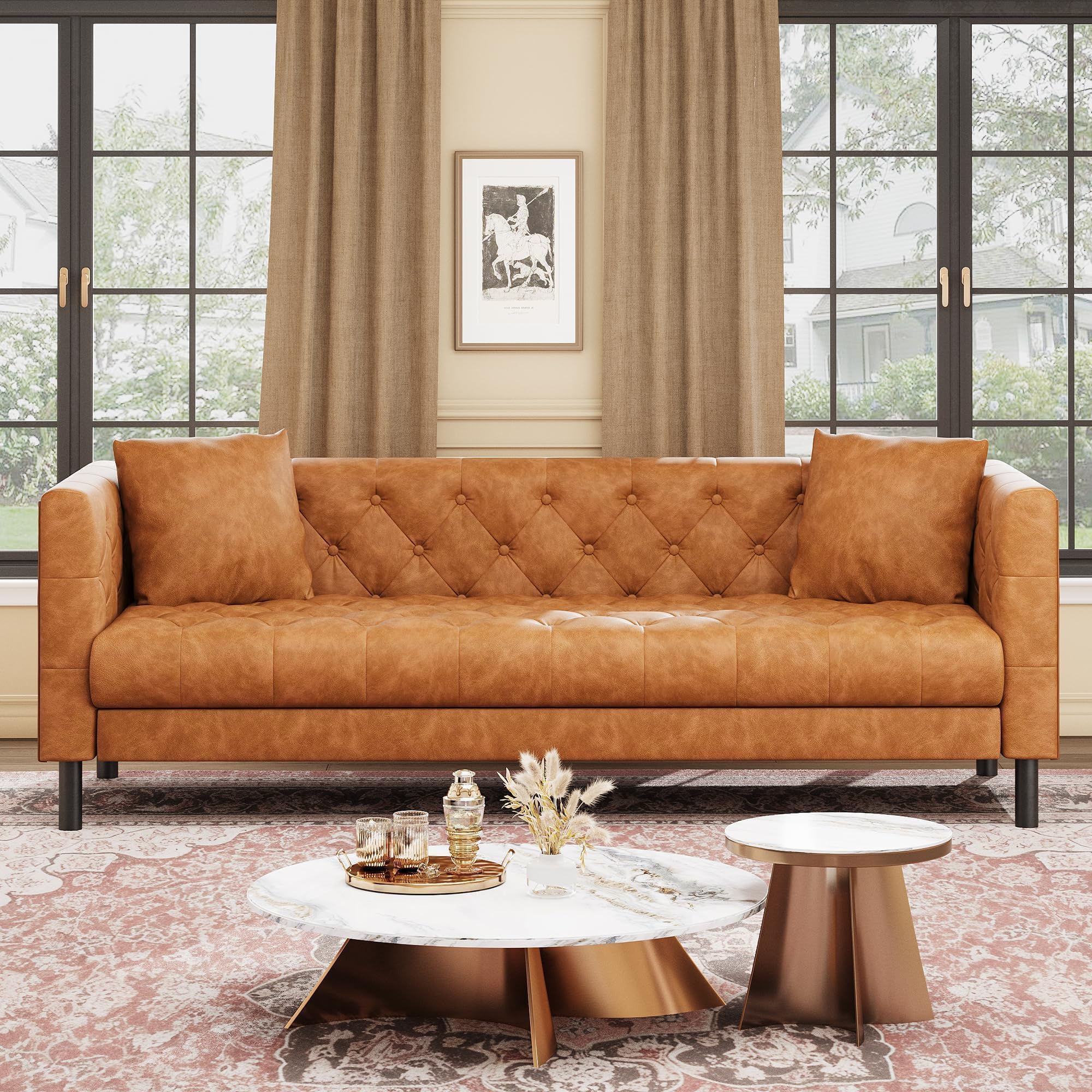 81" Leather Couch for Living Room, Chesterfield Sofa with Deep Seat, Handmade Button Tufted 3 Seater Sofa, Modern Leather Sofa for Apartment, or Office, Cognac Tan