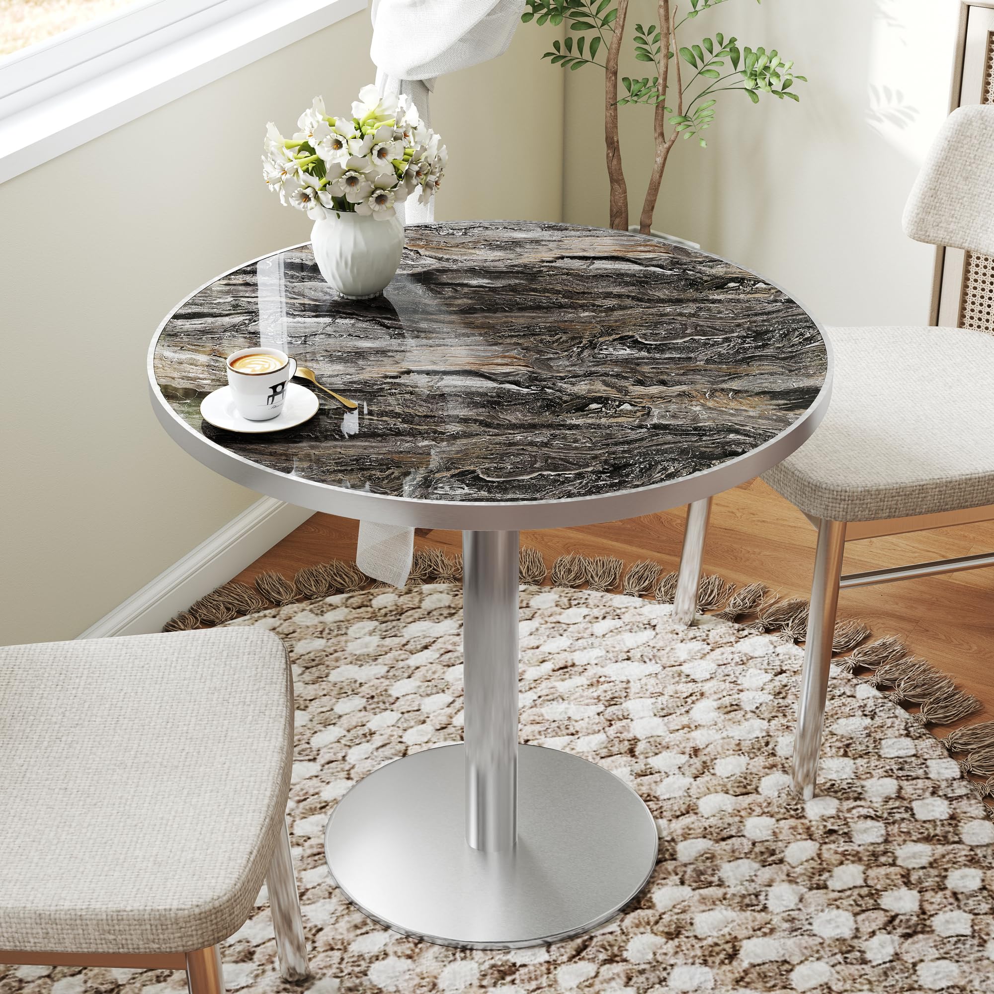 31.5" Tulip Table,Round Kitchen Dining Table for 2-4 with Thick Sintered Stone Top,Titanium Golden Pedestal Base,Heat-Resistant,Bistro Table for Dining Room,Café,Small Space（Dusk Strata）