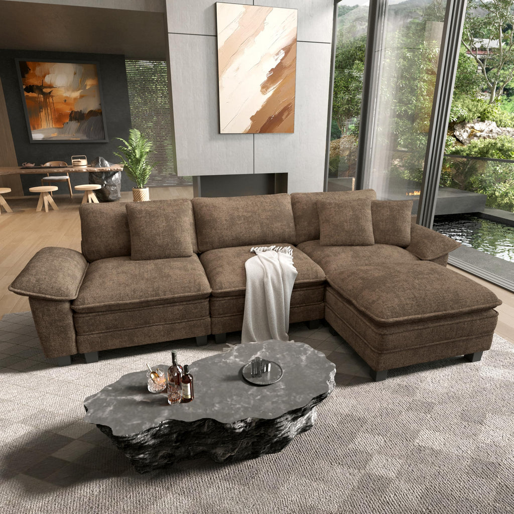 124" Modular Sectional Sofa, Oversized L Shaped Couches for Living Room, Comfy Cloud Couch with Ottoman, 4-Seater Deep Seat Sofa with Throw Pillow, Chenille Taupe