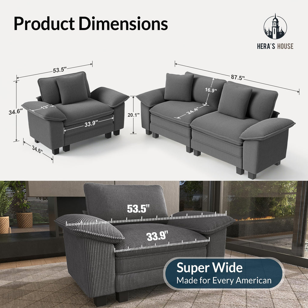 2 Pieces Modular Sectional Sofa Sets, Oversized Couch Set with Loveseat and Armchair, Comfy Cloud Couches with Throw Pillows, 3-Seater Deep Seat Sofa for Living Room, Corduroy Grey