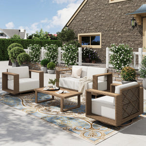 5 Pieces Outdoor Sectional Wicker Furniture Set, Patio Conversation Set,2 Pieces All Weather Rattan Sofas with 5.3