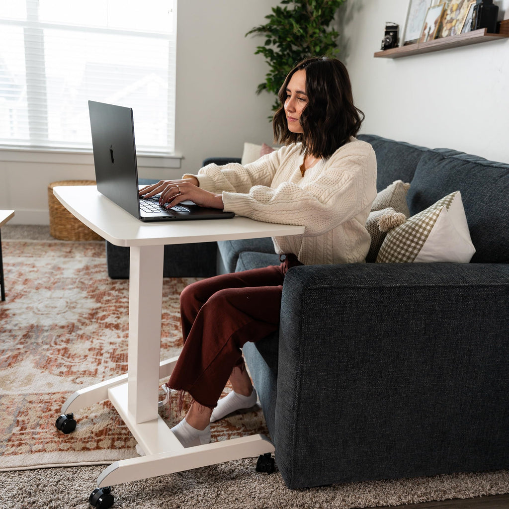 Adjustable Rolling Laptop Desk, Mobile Standing Desk with Wheels, Small Sit-Stand Computer Cart for Home, Office, or Classroom, 29.6–44.2" Height, 23.6"x20.5" Desktop, White