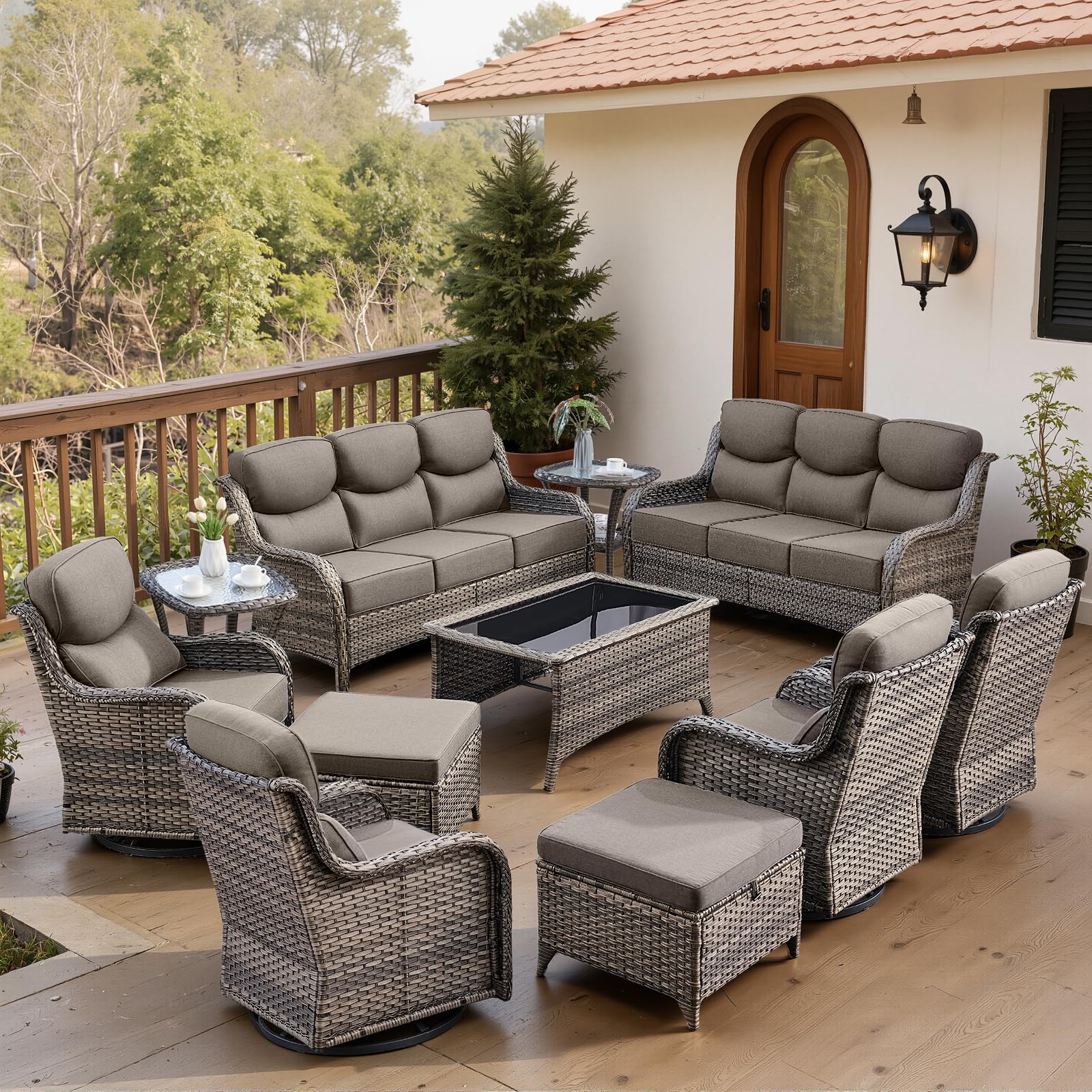 Luxury 6" Thick Cushioned 11 Pieces Patio Furniture Set with Outdoor Couch, Wicker Outdoor Conversation Set with High Back Swivel Rocker Chairs for Deck Porch Yard and Poolside - Grey+Grey