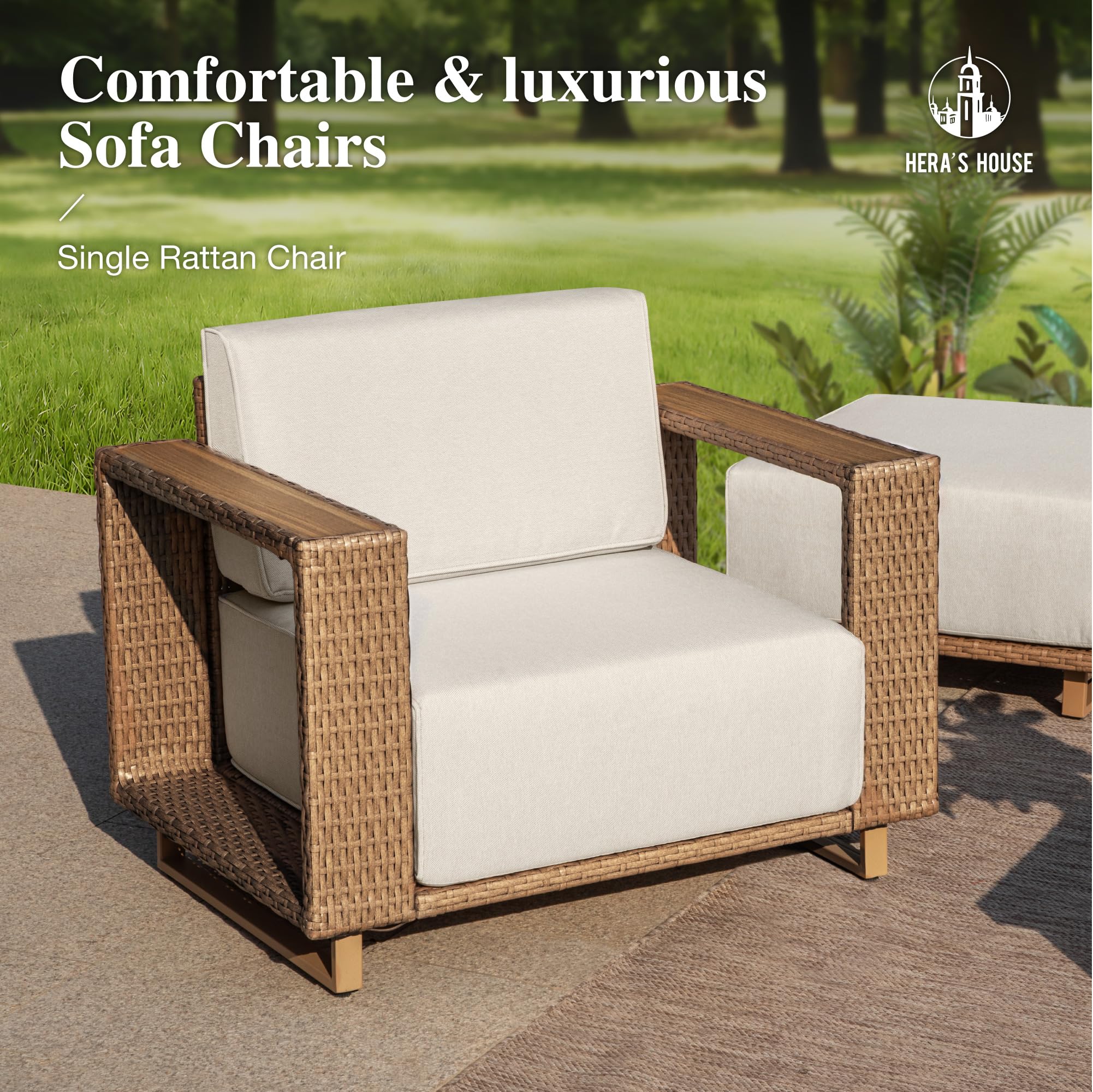 4 Pieces Patio Furniture Set, 2 Outdoor Rattan Wicker Armchairs Set with 2 Ottomans, All Weather Patio Conversation Set with 5.3