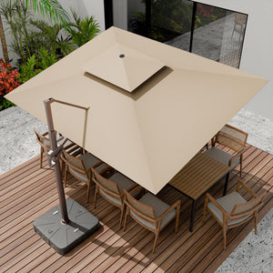 10 X 13 FT Cantilever Outdoor Patio Umbrella with Base Included Large Heavy Duty 360° Rotation Double Top Offset Rectangular Umbrellas with Led Lights for Backyard Outside Deck, Beige