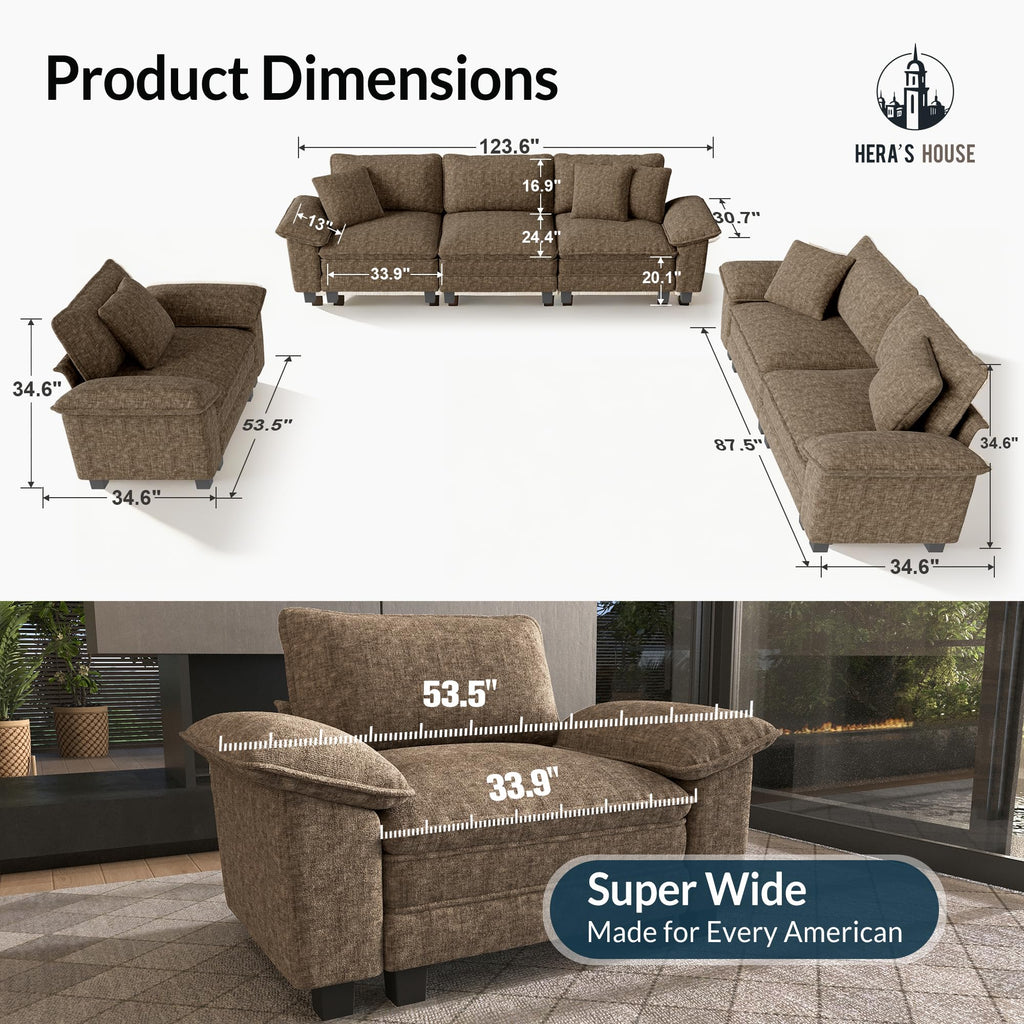 3 Pieces Modular Sectional Sofa Sets, Oversized Couch Set with Loveseats and Armchair, Comfy Cloud Couches with Throw Pillows, 6-Seater Deep Seat Sofa for Living Room, Chenille Taupe