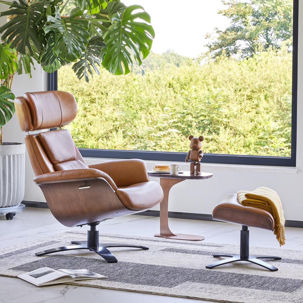 Genuine Leather Reclining Swivel Chair with Adjustable Headrest and Ottoman for Living Room, Saddle
