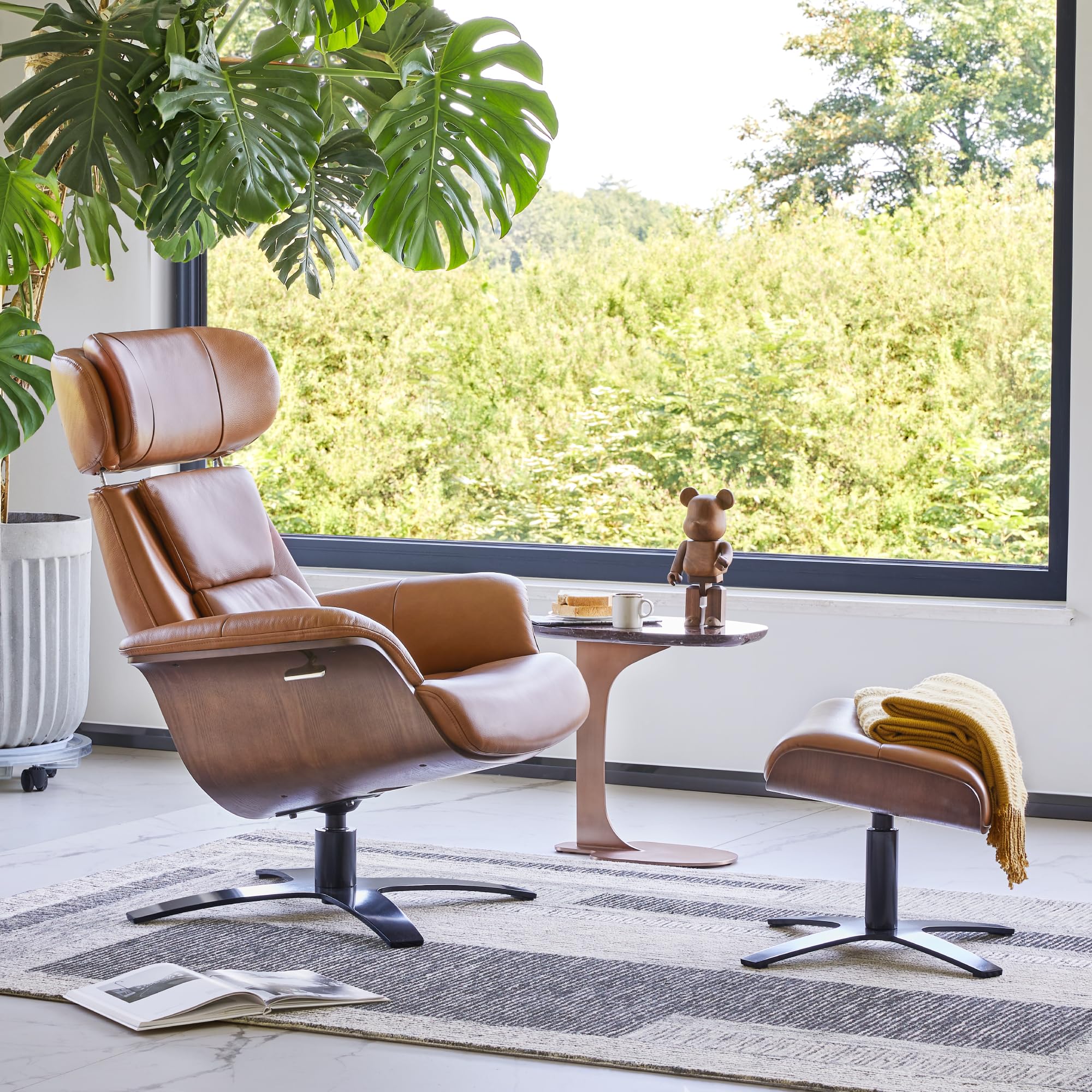 Genuine Leather Reclining Swivel Chair with Adjustable Headrest and Ottoman for Living Room, Saddle