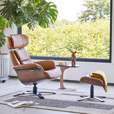 Genuine Leather Reclining Swivel Chair with Adjustable Headrest and Ottoman for Living Room, Saddle