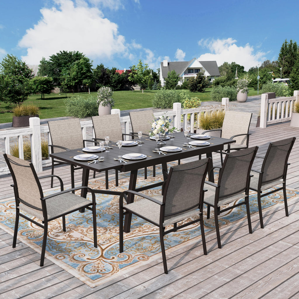 Extendable Patio Table and Chairs Set for 8, 9 Pieces Outdoor Dining Sets, 61"-84" Rectangular Metal Table with Chairs for Deck Lawn Garden Porch