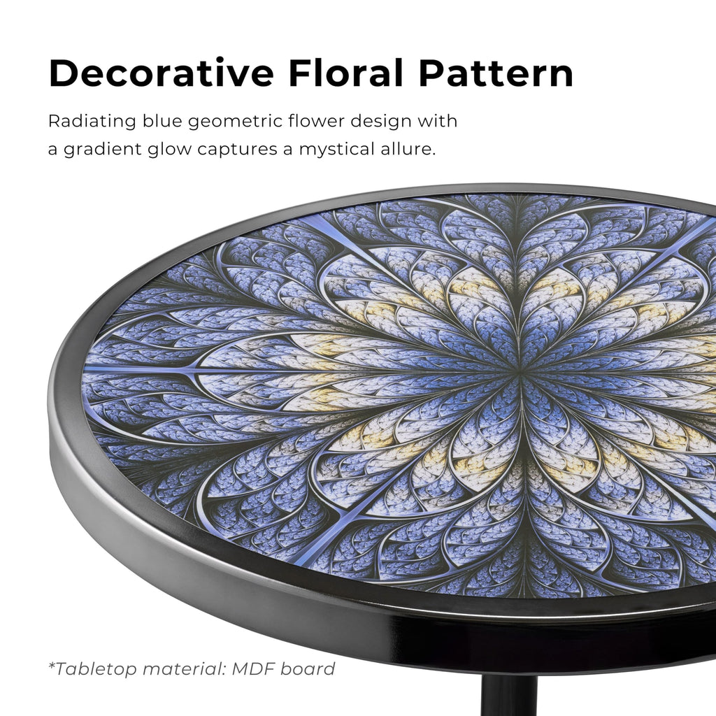 Modern 24" Tall Round End Table with Printed Tabletop and Iron Metal Base, Accent Furniture, Pedestal Stand for Living Room, Home Office, Black with Geometric Floral