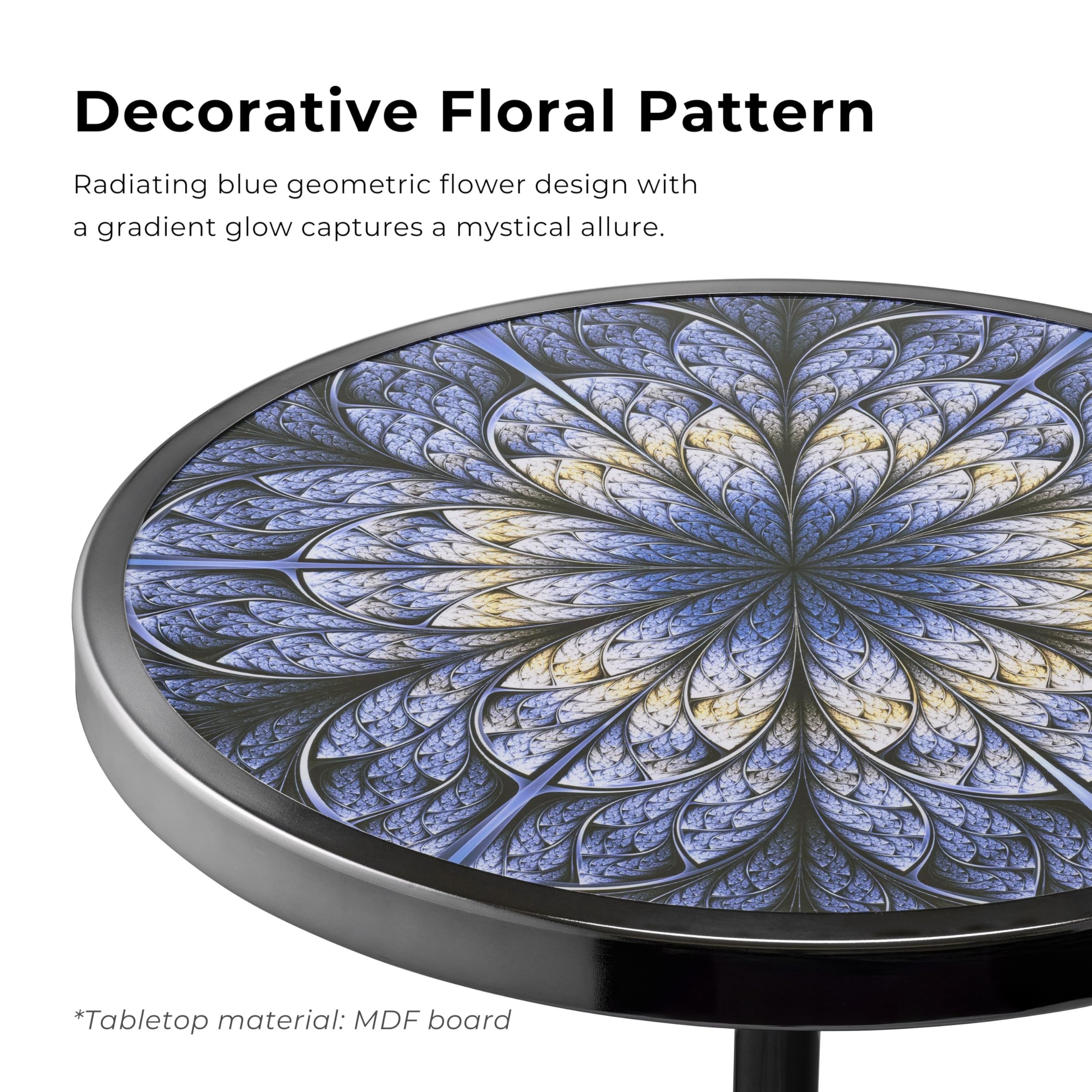 Modern 24" Tall Round End Table with Printed Tabletop and Iron Metal Base, Accent Furniture, Pedestal Stand for Living Room, Home Office, Black with Geometric Floral