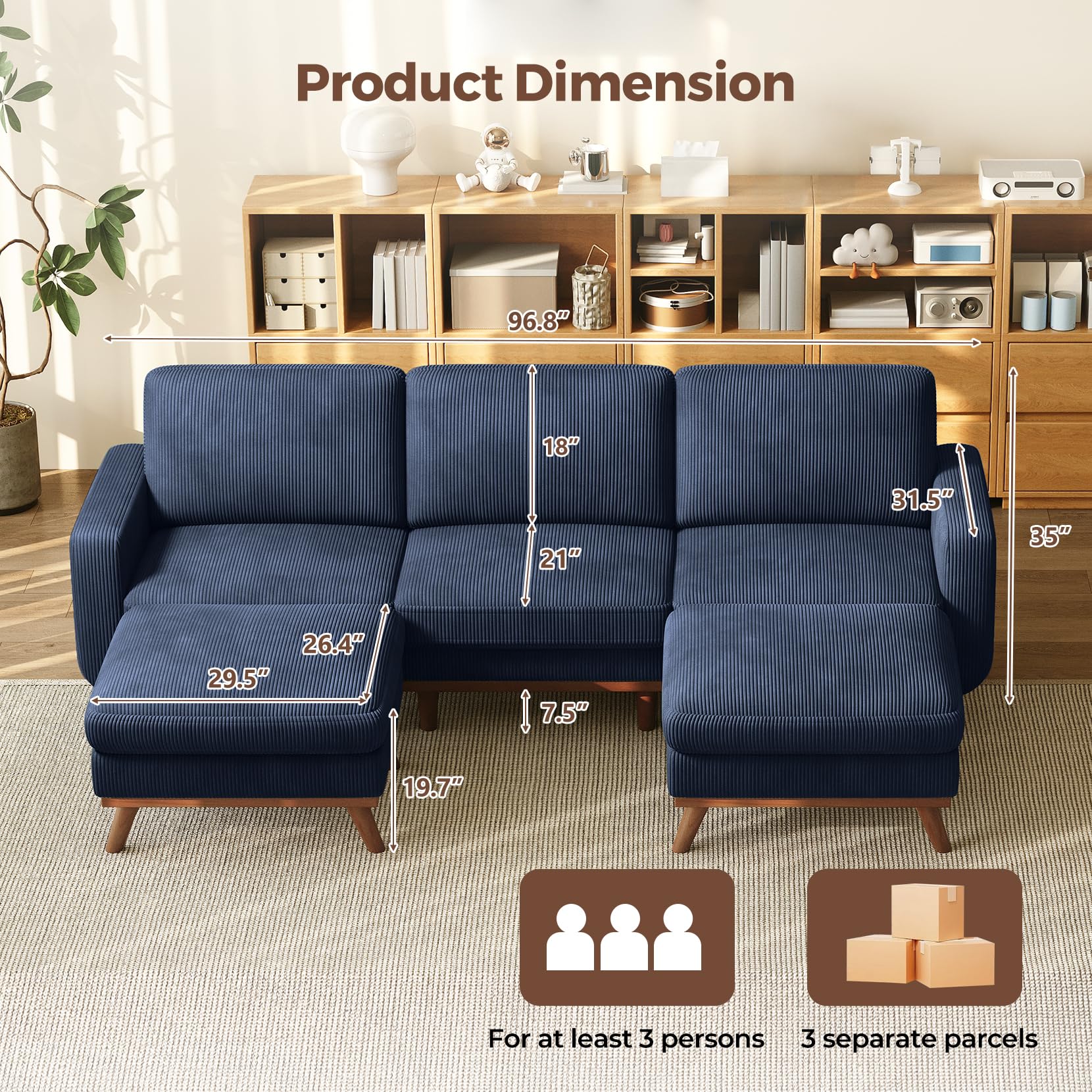 97" Modular Sectional Sofa Dark Blue, U-Shaped Couch with Movable Ottoman, Comfy Corduroy Couch with Spring Cushion, Modular Sofa with Deep Seat for Living Room, Bedroom and Apartment