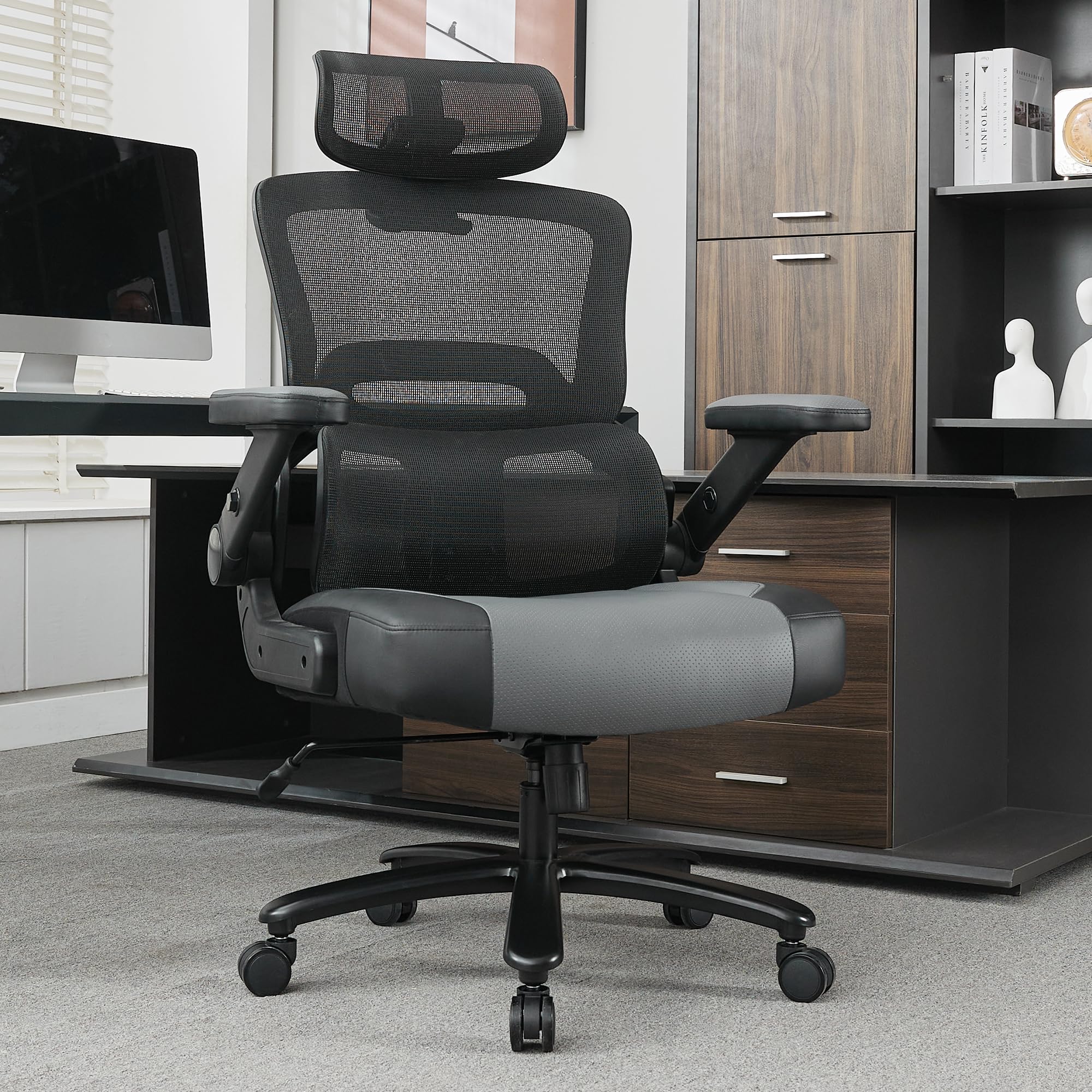 500lbs Big and Tall Office Chair, Large Heavy Duty Executive Computer Chair with 5D Flip Arms,Ergonomic Mesh High Back Desk Chair with Adjustable Lumbar Support 3D Headrest,Thick Spring Cushion