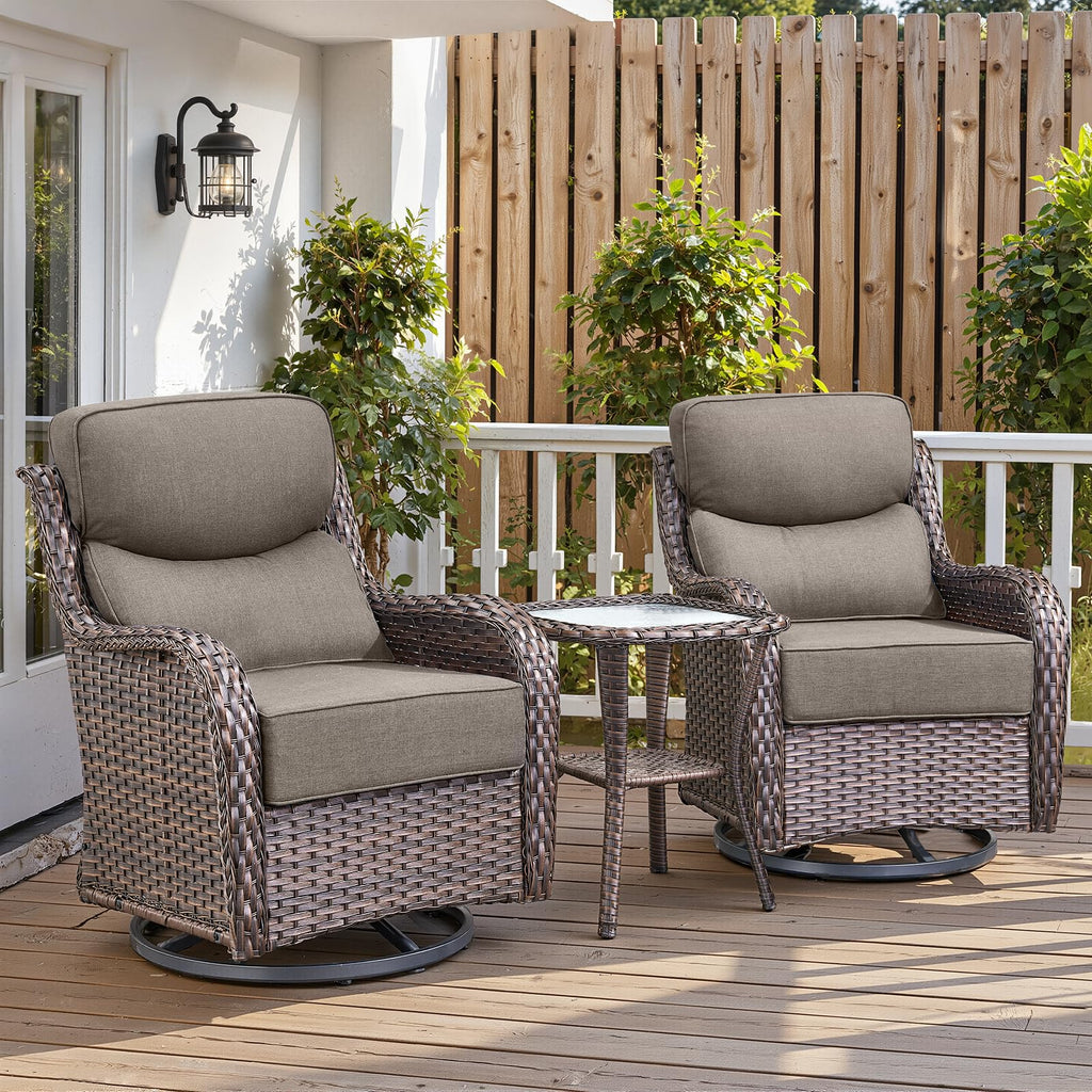 Luxury 6" Thick Cushioned Outdoor Swivel Rocker Patio Chairs with Side Table, High Back Wicker Furniture Set with Ergonomic Zone Back, Conversation Glider Set for Deck Porch - Brown+Grey
